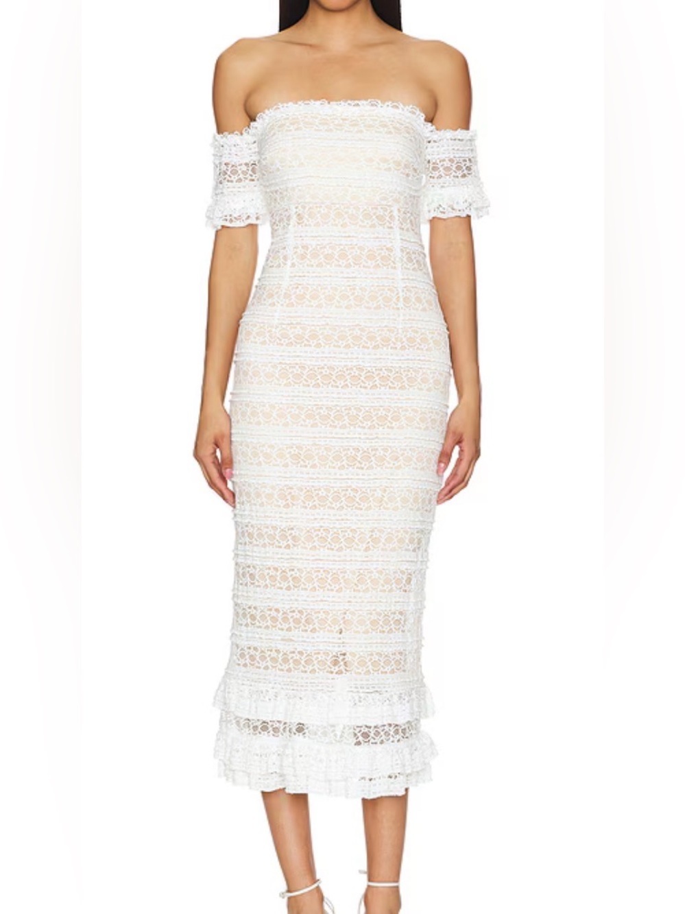 LIKELY MILARO WHITE CROCHET LACE  NUDE LINING OFF SHOULDER DRESS WOMENS MEDIUM